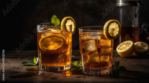 Iced tea with lemon slices and mint on rustic background. Generative AI photo