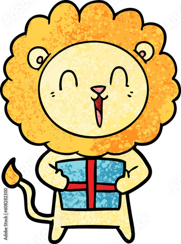 laughing lion cartoon with christmas present