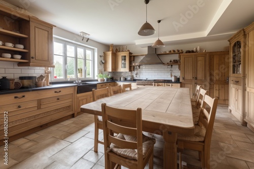 Spacious kitchen in a classic old-fashioned style, facades made of natural wood, stone floor. Large dining table with wooden chairs. Generative AI © Georgii