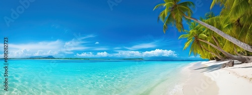 Beautiful beach with white sand, turquoise ocean, blue sky with clouds and palm tree over the water on a Sunny day. Maldives, perfect tropical landscape, ultra wide format © Eli Berr