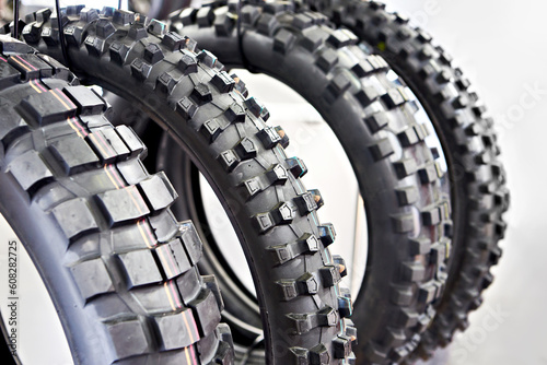 Fototapeta Naklejka Na Ścianę i Meble -  Tires for motocross bikes in store