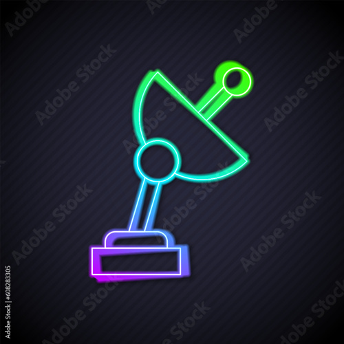 Glowing neon line Radar icon isolated on black background. Search system. Satellite sign. Vector