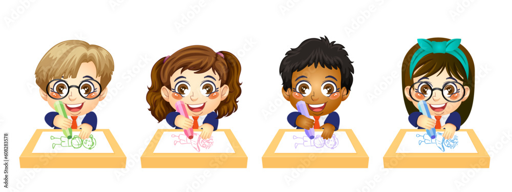 Cute boy and girl student coloring with a crayon, back to school, education, print, artwork, doodle, vector illustration (Vector) Cute boy and girl student coloring with a crayon, back to school, education, print, artwork, doodle, vector illustration (Vector)