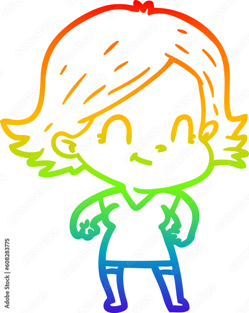 rainbow gradient line drawing of a cartoon friendly girl