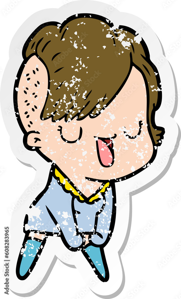 Obraz premium distressed sticker of a cute cartoon girl with hipster haircut