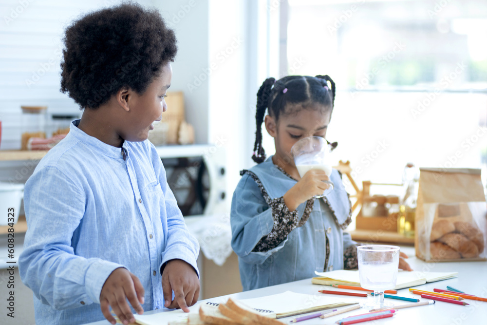 African American boy delighted that his younger sister drinks milk, Little girl drinking milk in the kitchen at home African American boy delighted that his younger sister drinks milk, Little girl drinking milk in the kitchen at home