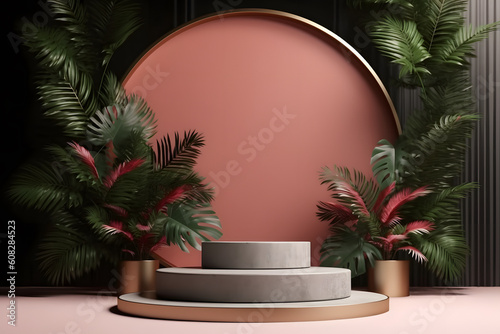 3D display stand with green plants 3D rendering
