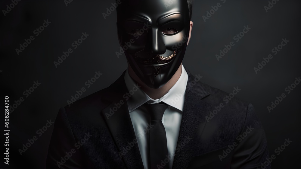 Concept of a liar, a man in a suit wearing black mask. Hiding his true identity, intentions, or actions. The sense of manipulation. A powerful representation of dishonesty and deception. Generative AI Concept of a liar, a man in a suit wearing black mask. Hiding his true identity, intentions, or actions. The sense of manipulation. A powerful representation of dishonesty and deception. Generative AI