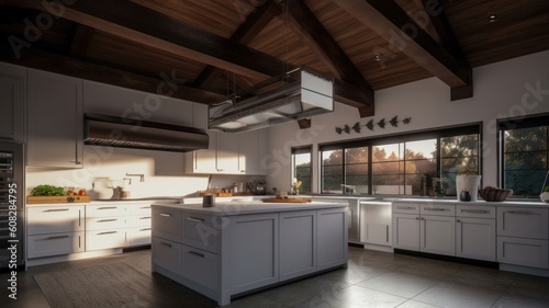 Modern spacious country style kitchen, white cabinets and countertops, ceiling beams, wooden kitchen island with worktop. Generative AI © Georgii