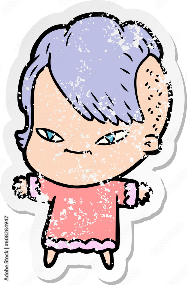 distressed sticker of a cute cartoon girl with hipster haircut distressed sticker of a cute cartoon girl with hipster haircut