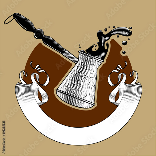 Engraved vintage drawing of Turkish coffee pot with splash of hot coffee and ribbon banner on brown background. Cafe menu logo or symbol. Vector illustration