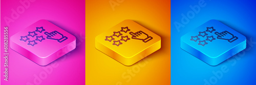 Isometric line Five stars customer product rating review icon isolated on pink and orange, blue background. Favorite, best rating, award symbol. Square button. Vector