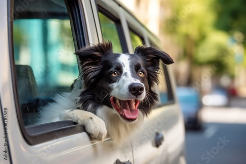 Happy dog with head out of the car window having fun and enjoying road trip.. Generative AI © bluebeat76