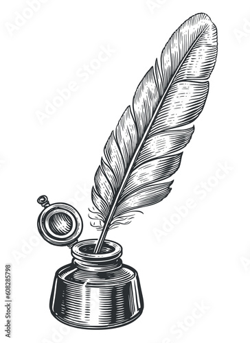 Quill pen and inkwell graphic black white isolated sketch illustration vector photo