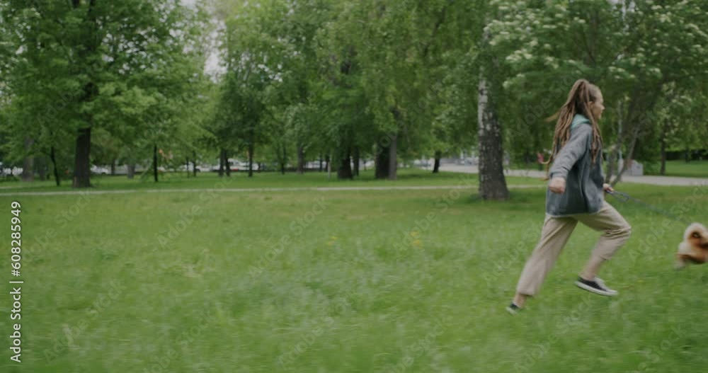 Slow motion of young woman running with shiba inu dog in park enjoying active lifestyle. Recreational activity and pet owner concept. Slow motion of young woman running with shiba inu dog in park enjoying active lifestyle. Recreational activity and pet owner concept.