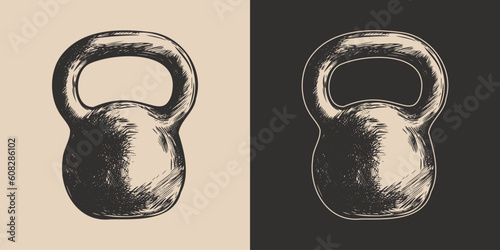 Set of vintage retro fit gym weight kettlenells.. Can be used for emblem, logo, badge, label. mark, poster or print. Monochrome Graphic Art. Vector. Hand drawn element in engraving