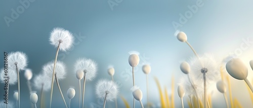 Beautiful fantasy abstract 3D dandelions on a light blue background. Light delicate summer spring floral background