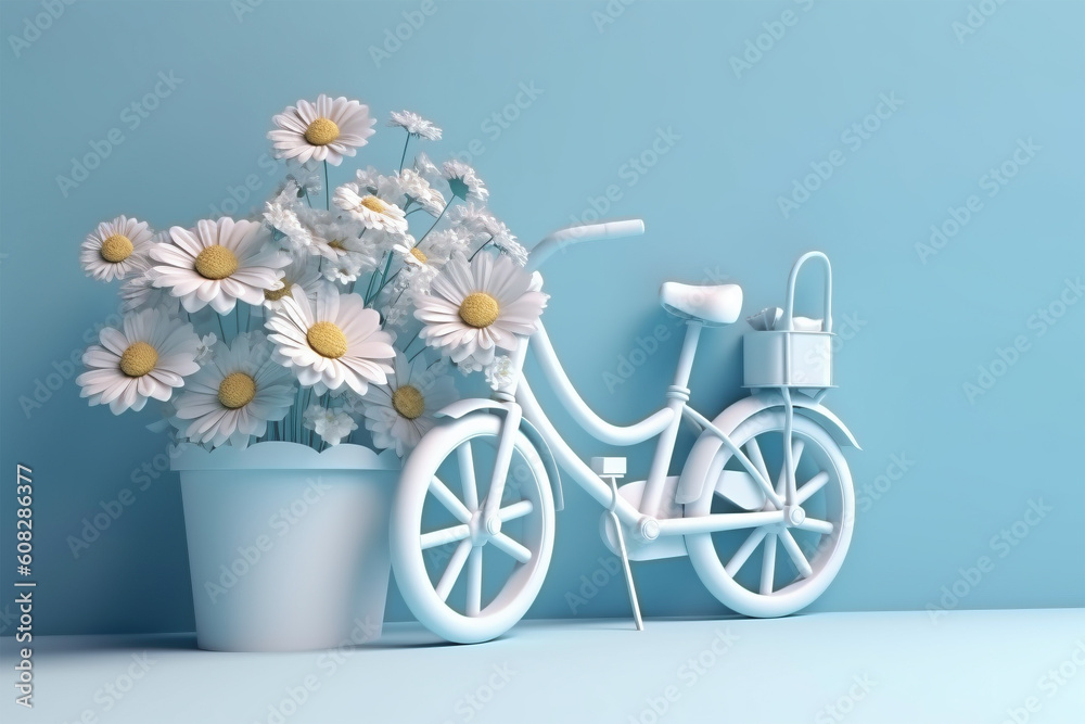 Bicycle with flowers on blue background. Generative AI illustration