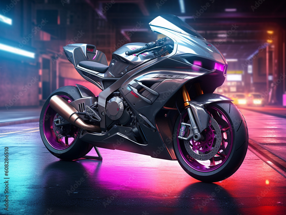 A superbike in the parking lot. In an area that uses cinematic lighting and light sources from a certain direction. Picture settings for advertisement photography.