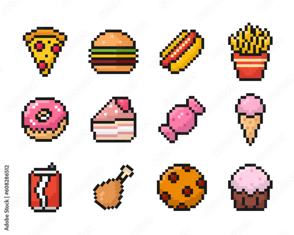 fast food pixel art set of icons, vintage, 8 bit, 80s, 90s games, computer arcade game items, cookie, ice cream, candy, vector illustration