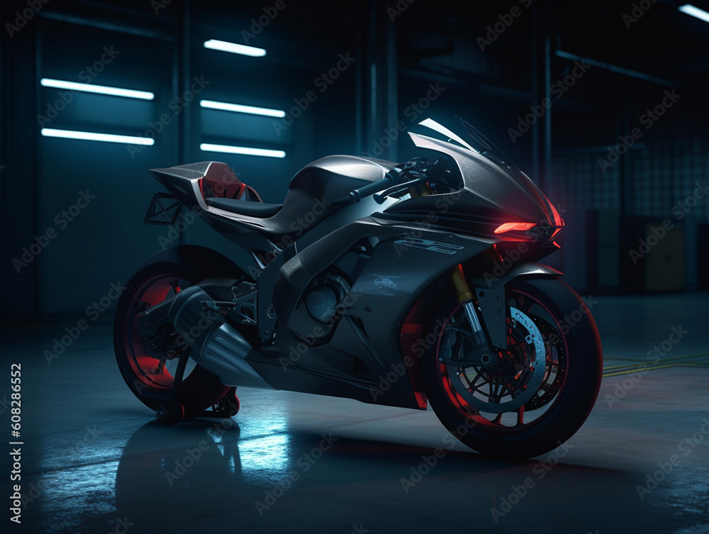 A superbike in the parking lot. In an area that uses cinematic lighting and light sources from a certain direction. Picture settings for advertisement photography.