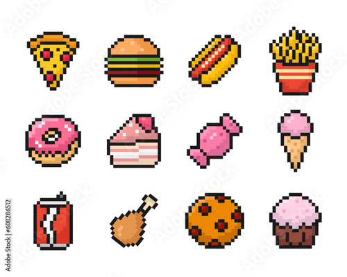 fast food pixel art set of icons, vintage, 8 bit, 80s, 90s games, computer arcade game items, cookie, ice cream, candy, vector illustration
