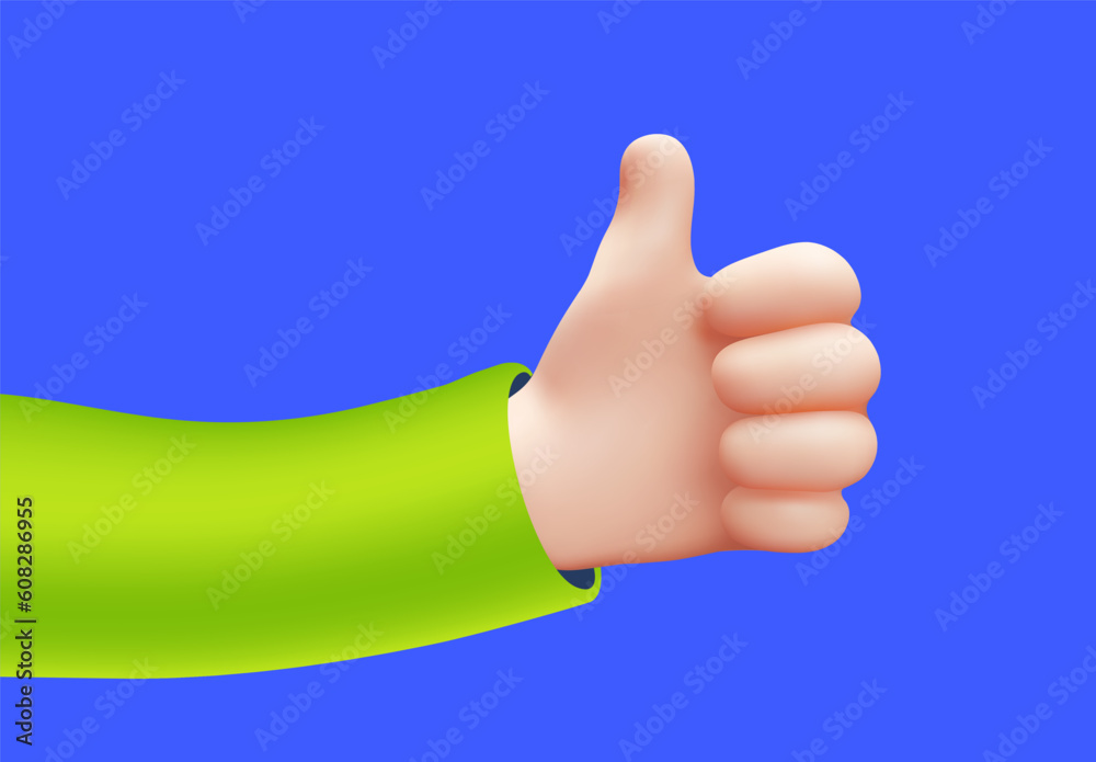 Vector illustration of hand in green sleeve gesture thumb up sign good on blue color background. 3d style emoji design of man white skin hand