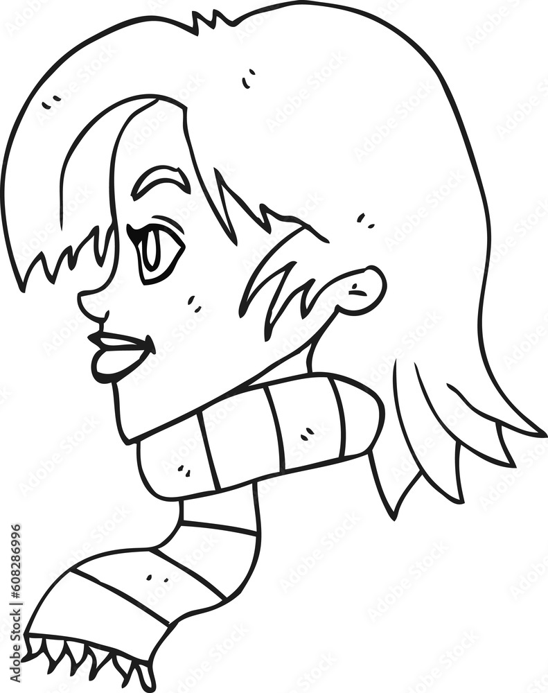 freehand drawn black and white cartoon woman wearing scarf freehand drawn black and white cartoon woman wearing scarf