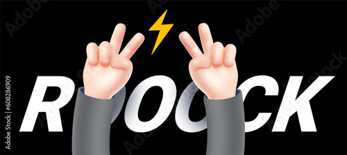 Vector illustration of hand gesture sign v in sleeve on black color background with word rock. 3d style emoji design of man white skin hand