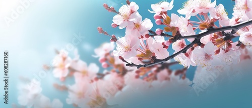 Beautiful floral spring abstract background of nature. Branches of blossoming apricot macro with soft focus on gentle light blue sky background. For easter and spring greeting cards with copy space © Eli Berr