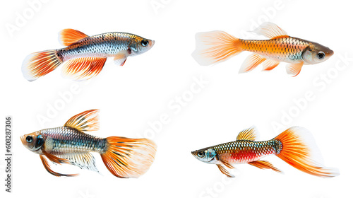 Set of exotic fish isolated on the transparent background PNG. AI generative.