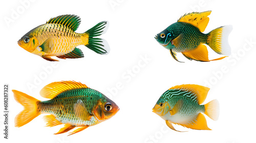 Set of exotic fish isolated on the transparent background PNG. AI generative.