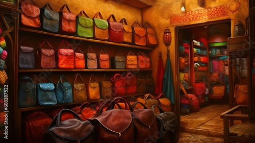 Store leather bags and products on the zouk in Morocco. Generative Ai