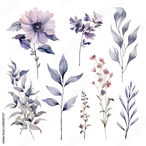 set of floral watercolor smoky grey