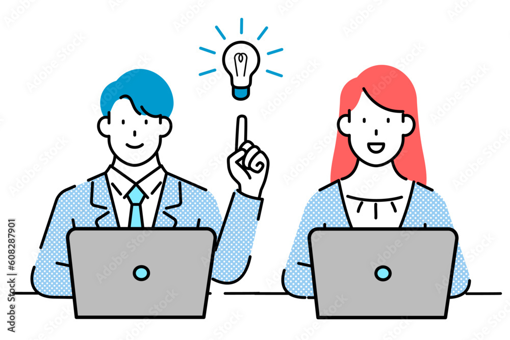 A couple of office workers sitting in front of a laptop and proposing a new idea. A couple of office workers sitting in front of a laptop and proposing a new idea.