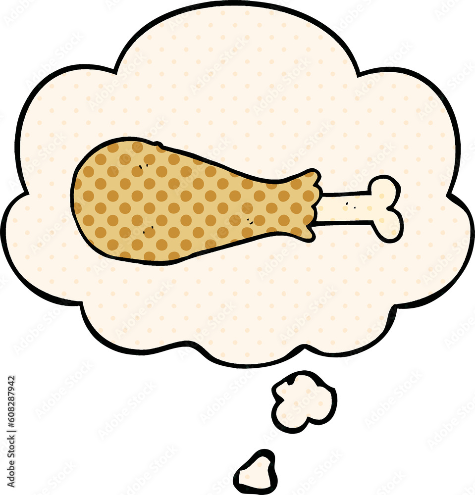 cartoon chicken leg with thought bubble in comic book style