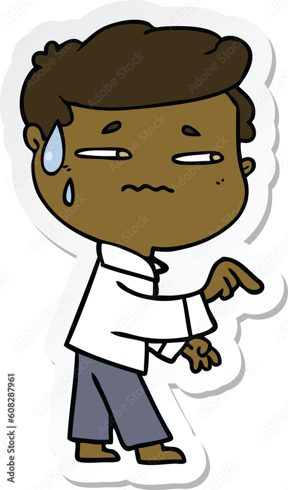 sticker of a cartoon anxious man pointing