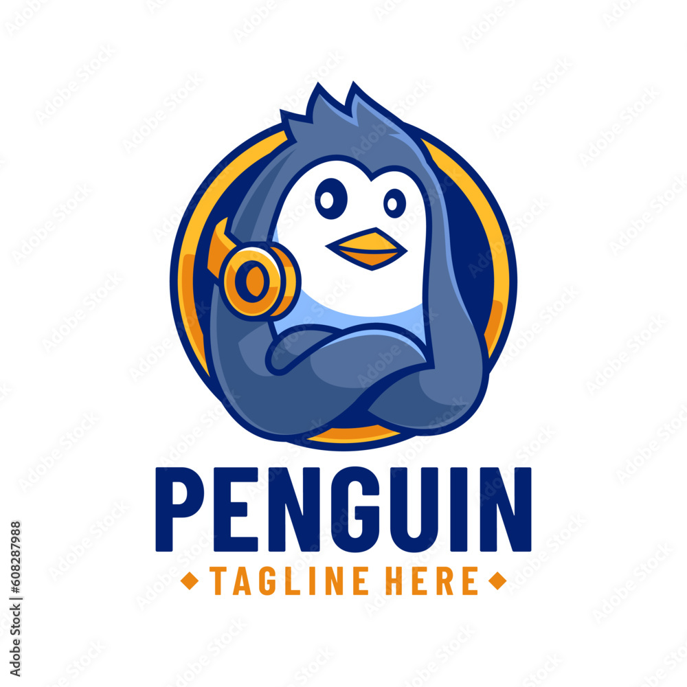 Penguin with Headset Gaming Logo Design Penguin with Headset Gaming Logo Design