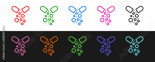 Set line Poisoned pill icon isolated on black and white background. Pill with toxin. Dangerous drug. Vector