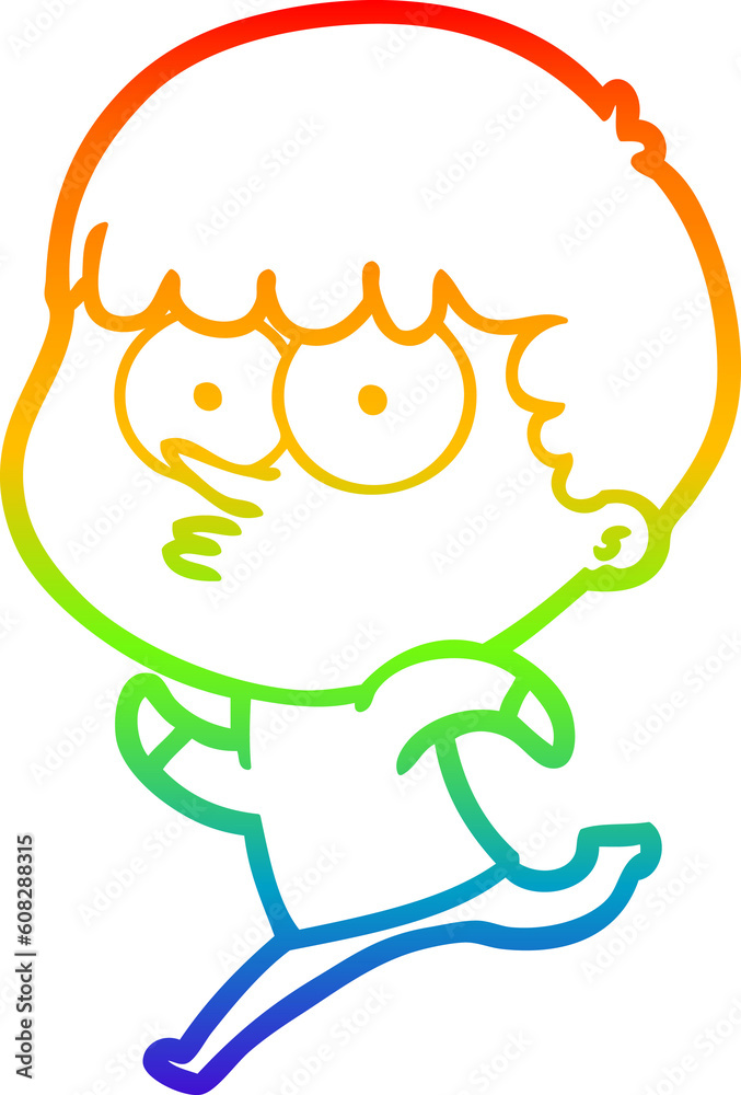 Obraz premium rainbow gradient line drawing of a cartoon curious boy running