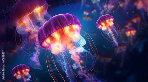 Colorful fantasy jellyfish Abstract biological background. Generative Ai