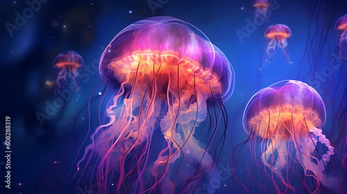 Colorful fantasy jellyfish Abstract biological background. Generative Ai