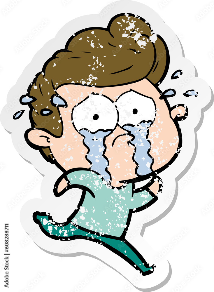 distressed sticker of a cartoon crying man running distressed sticker of a cartoon crying man running