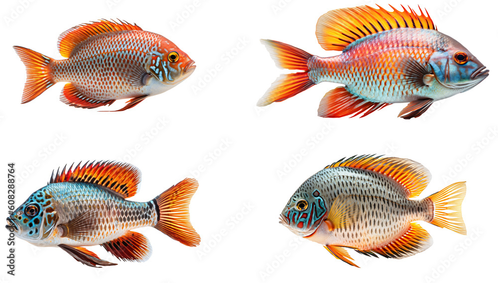 Set of exotic fish isolated on the transparent background PNG. AI generative. Set of exotic fish isolated on the transparent background PNG. AI generative.