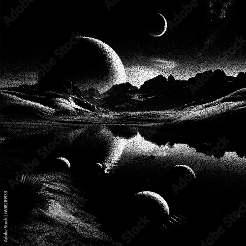 Alien planet landscape in retro dotwork style. Planets and satellites over unknown planet in space. Sci-fi world landscape beyond our galaxy.