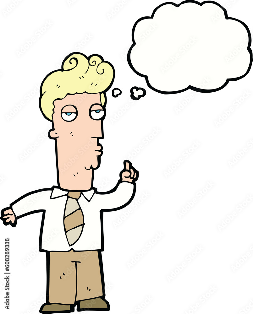 cartoon bored man asking question with thought bubble