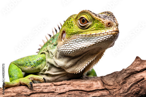 Close-up of a big green lizard on the branch isolated on transparent background, Generative AI photo