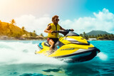 Good looking man driving a jet ski and having fun on vacation in summer, adrenaline experience. Generative AI