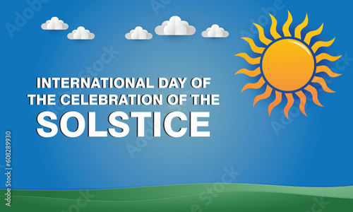 International Day of the Celebration of the Solstice design background with bright sun logo. Vector illustration