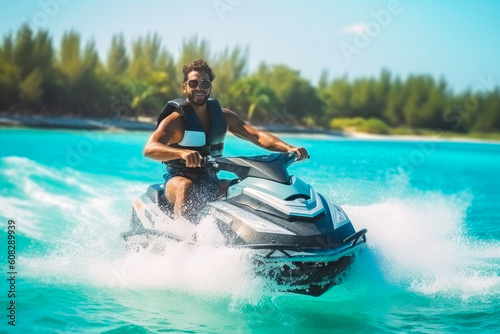 Good looking man driving a jet ski and having fun on vacation in summer, adrenaline experience. Generative AI © MVProductions